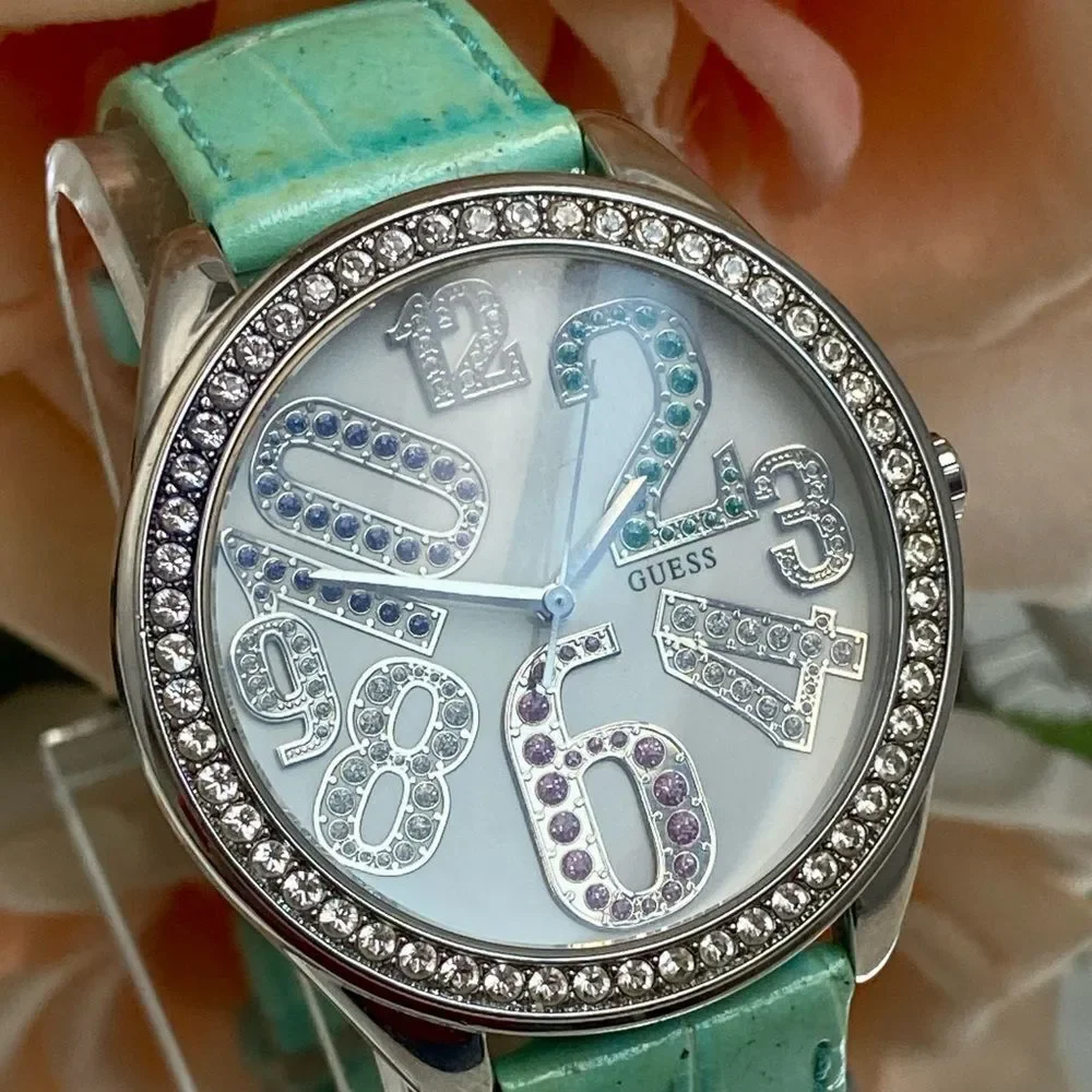 Guess Crystal Accented Bezel and Dial Large Face Watch with Leather Strap